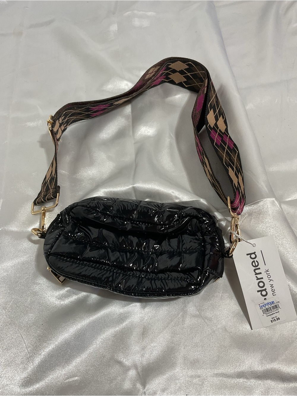 Black Quilted Crossbody Bag with Patterned Strap
